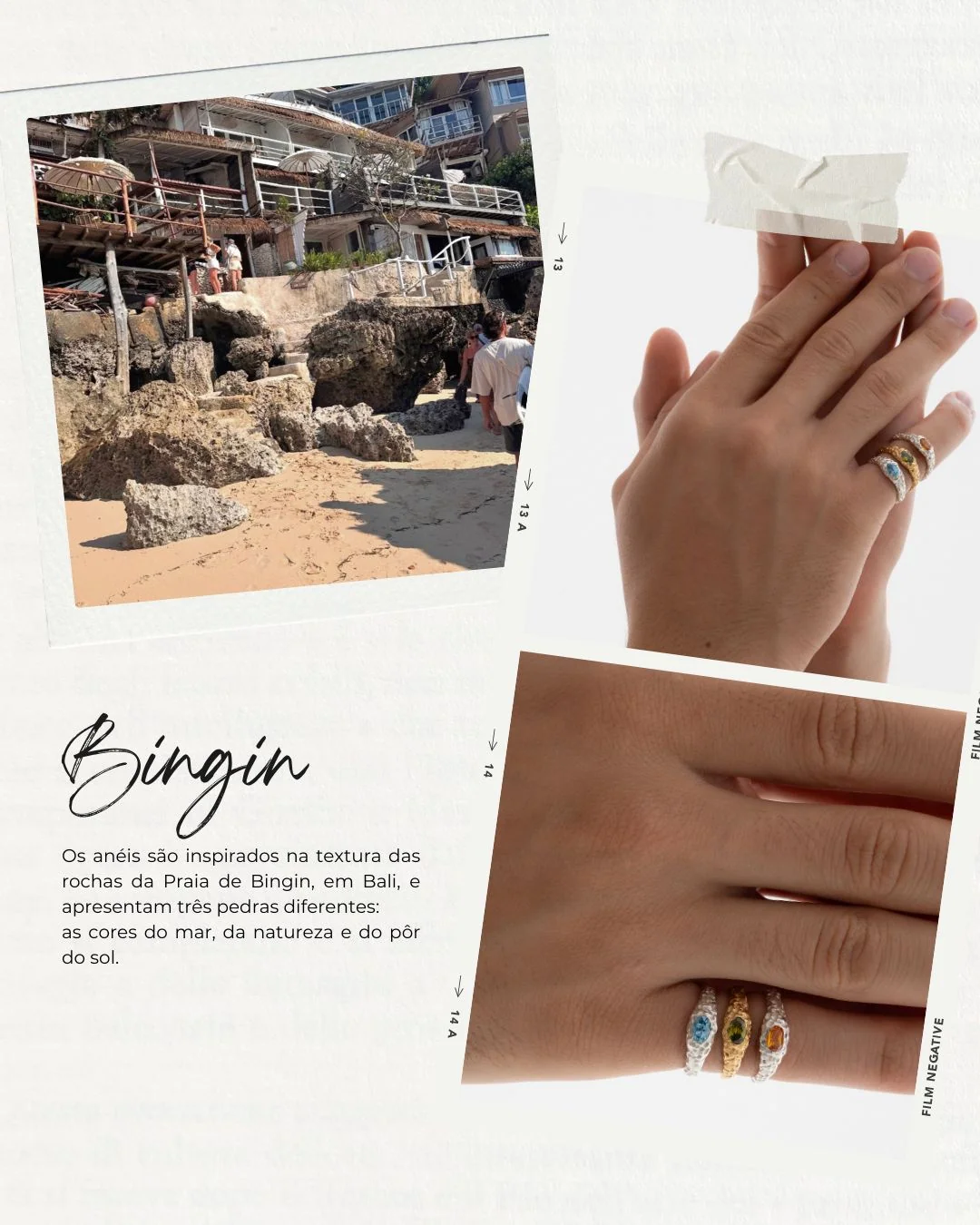 Bingin: três anéis com pedras nas cores do mar, da natureza e do pôr-do-sol, inspirados na textura das rochas da Praia de Bingin