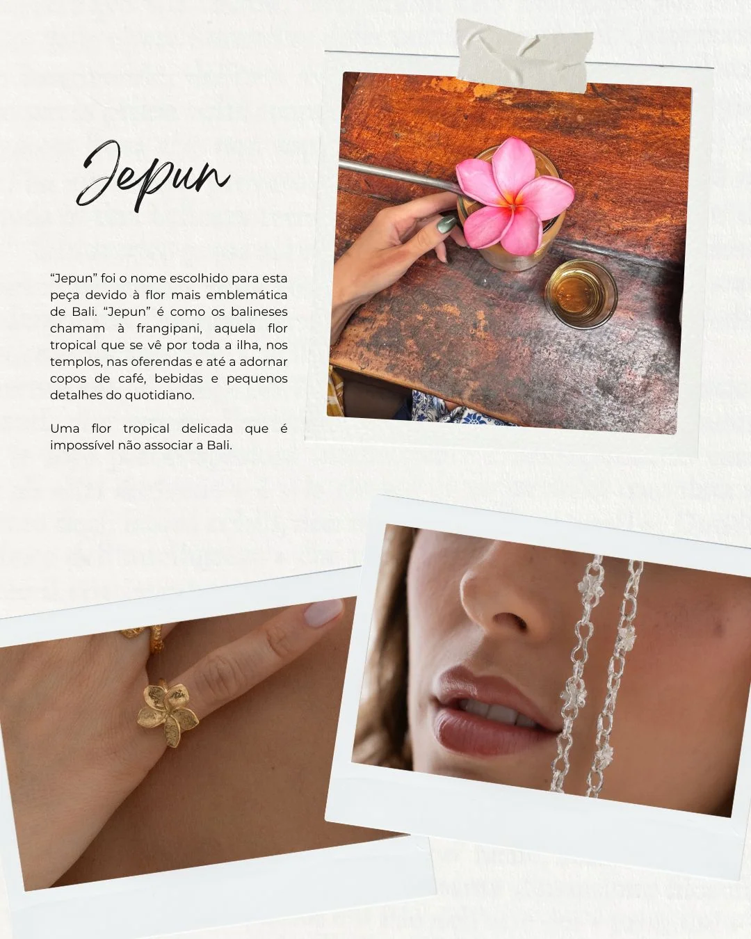 Jepun: pulseira dourada com flor de frangipani e corrente de elos com flores em prata, a flor mais emblemática de Bali