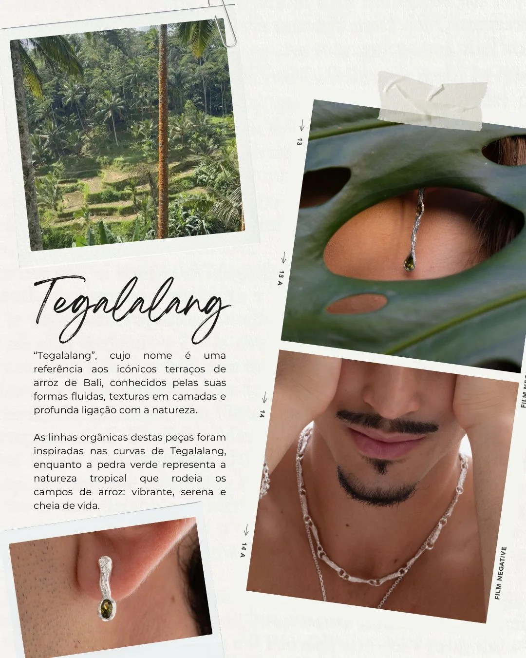 Tegallalang: brincos com pedra verde e colar de elos orgânicos, inspirados nos terraços de arroz e na natureza tropical de Bali